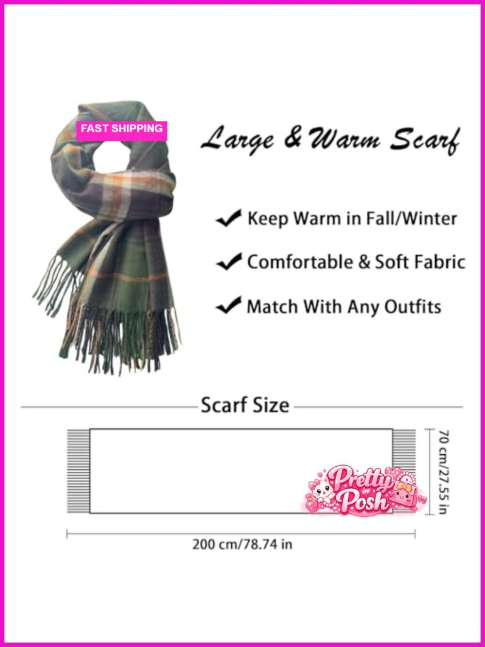 Oversized Plaid Blanket Scarf Tassel Warm Winter Shawl Wrap - Picture 2 of 6